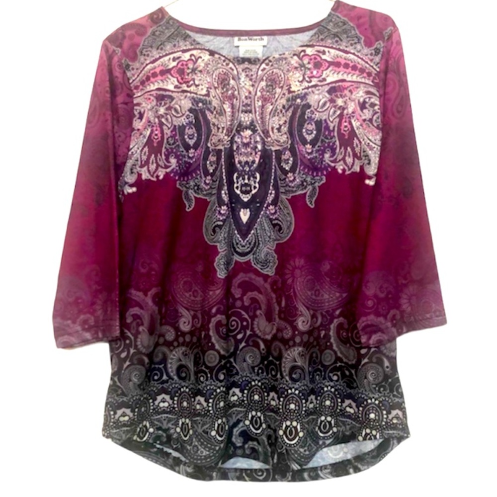 🌞 Bon Worth Vintage 90s y2k maroon & black half sleeve tunic top women size SP
